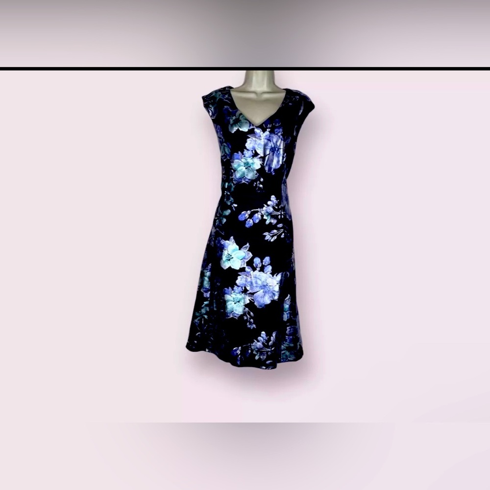 BNWT Luxology Blue Metallic Floral Sleeveless Fit & Flare Dress sz 14